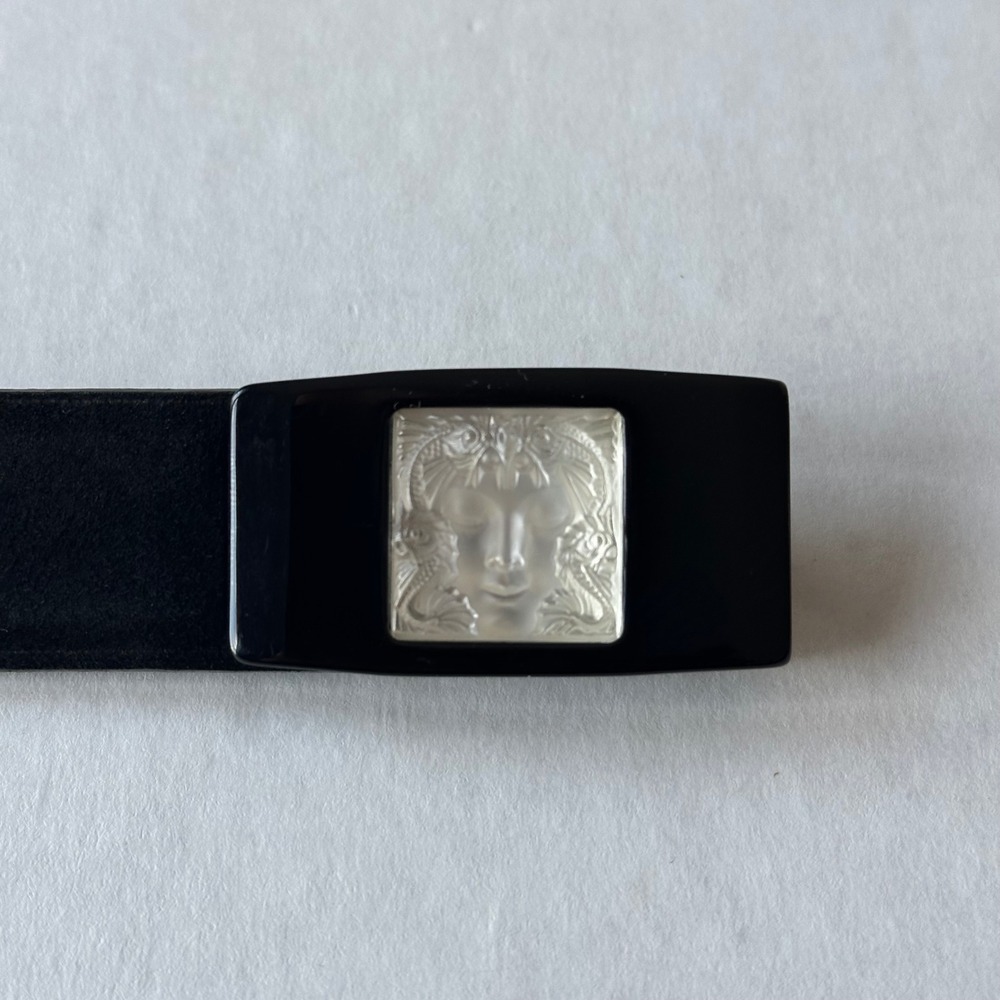 Lalique Masque de Femme Arethuse Belt Buckle Black Suede Leather Vintage 90s